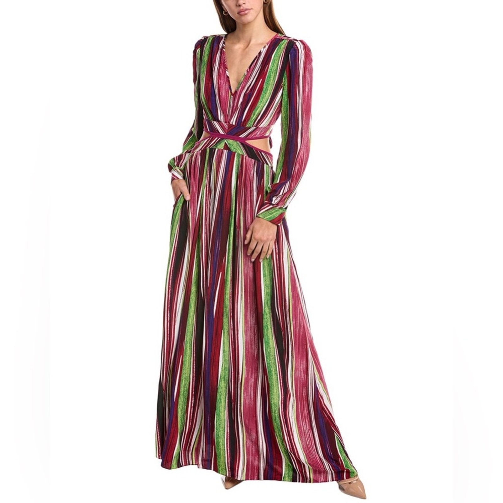 Diane Von Furstenberg Dvf Women’s Jenifer Long Sleeve Cutout Striped Maxi Dress